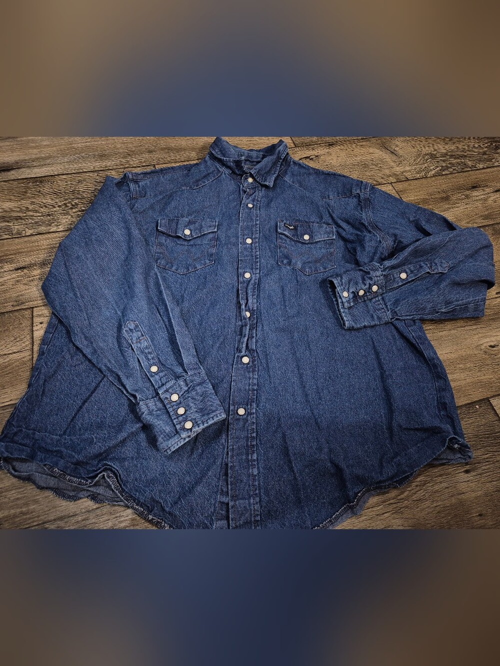Vintage Wrangler Western Pearl Snap Shirt Pockets Denim Blue (Mens Size 2X)